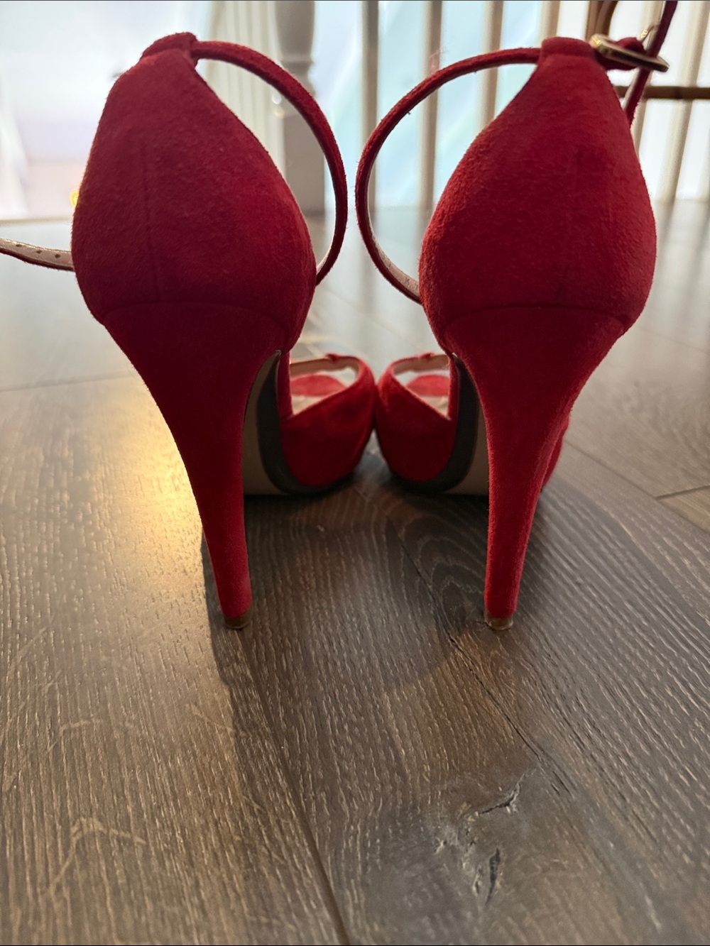 Salvatore Ferragamo Red Suede Peep-Toe Ankle-Strap Heels with Gold Plaque - Picture 3 of 5